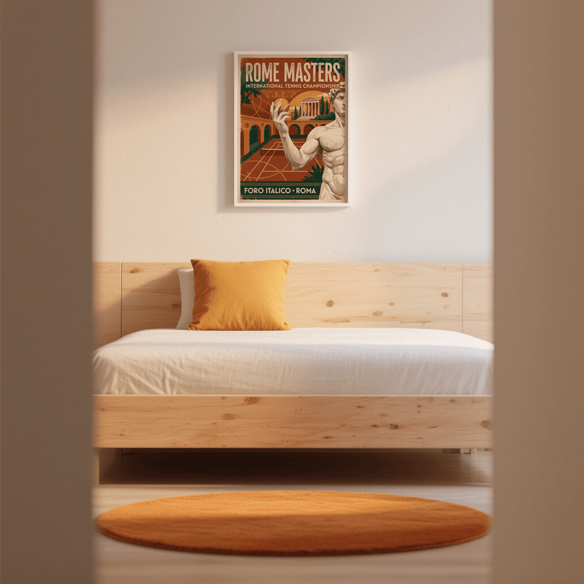 Distressed-style sports print poster with Roman architecture, arches, and athlete figure