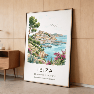 Panoramic coastline print with terraced stone steps, flowering shrubs, and birds in the sky