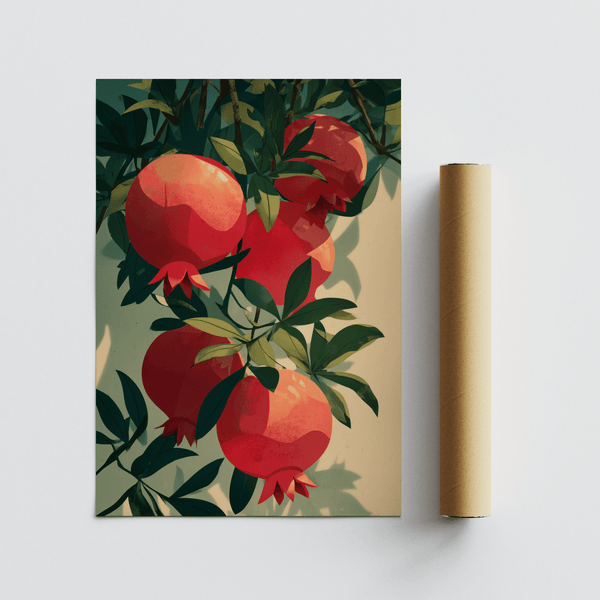 Pomegranate Art Print with bold red color, stylish bedroom poster