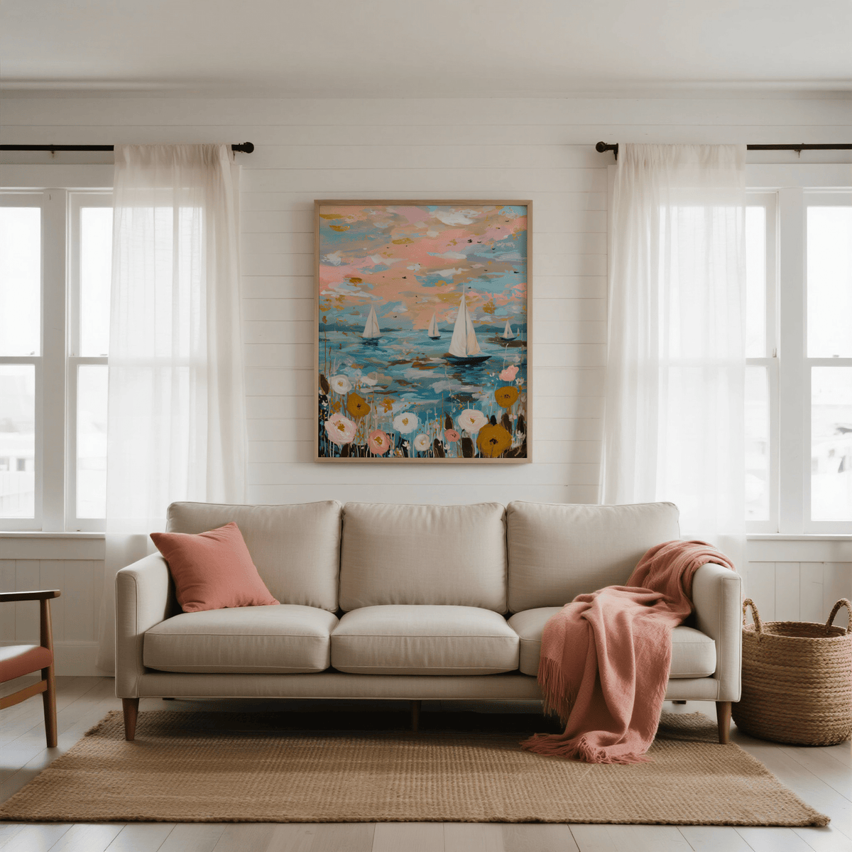 Sailboat Wall Art print with calming Blue and Pink for living area