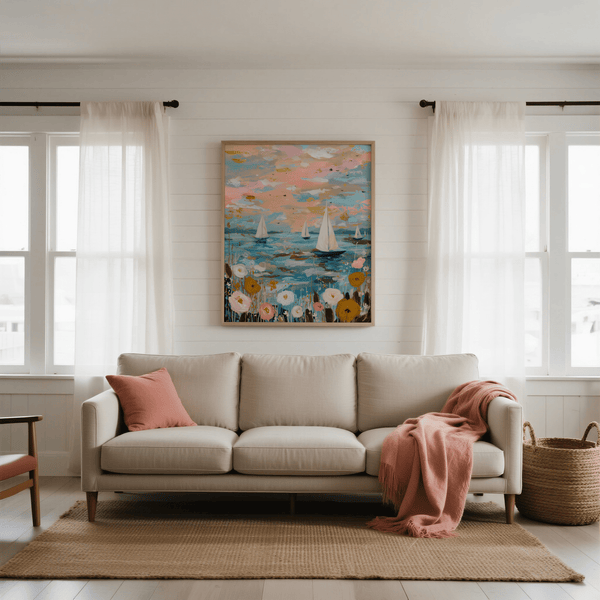 Sailboat Wall Art print with calming Blue and Pink for living area