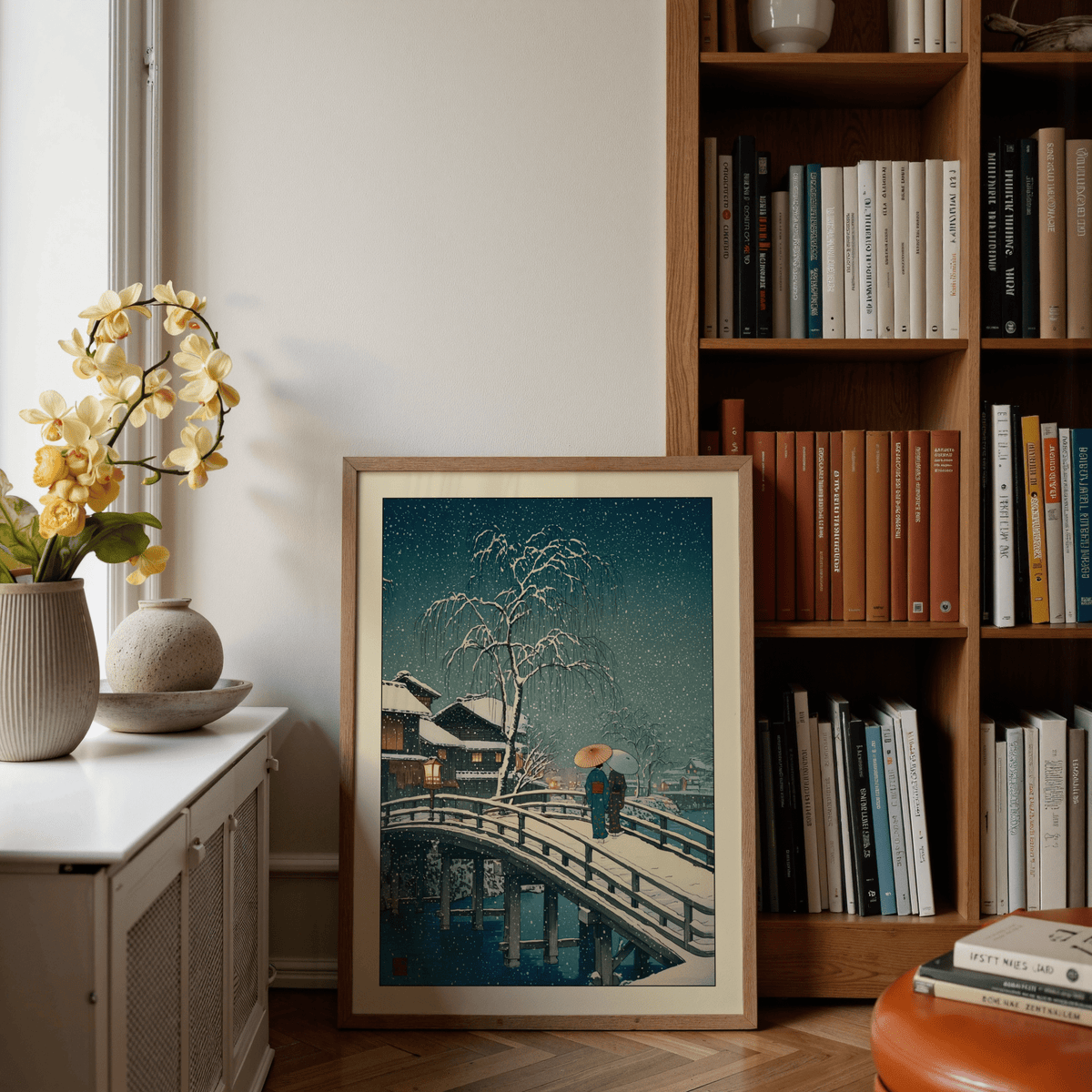Straight-on poster image of Hasui Kawase snow print with subtle border