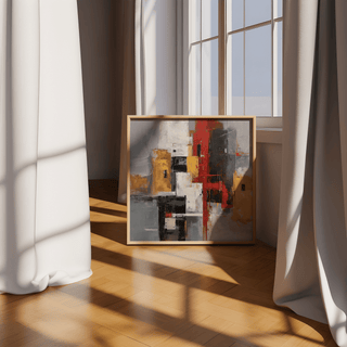 Red and Yellow Abstract Poster in striking red, yellow, and gray colors for study