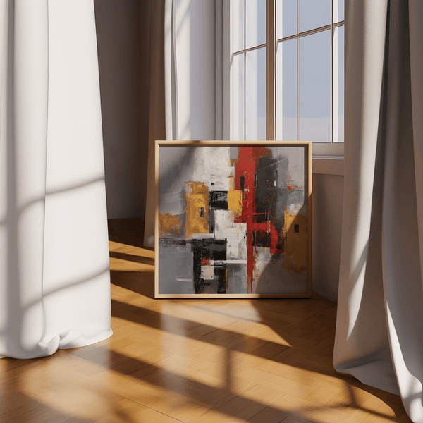 Red and Yellow Abstract Poster in striking red, yellow, and gray colors for study