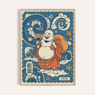 Hotei Wall Art poster of laughing deity holding fan amid clouds