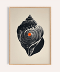 Centered Shankha Art Print poster showing a conch shell silhouette with spiral rings and a small orange dot