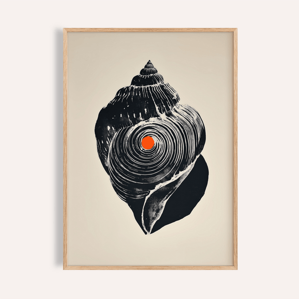 Centered Shankha Art Print poster showing a conch shell silhouette with spiral rings and a small orange dot