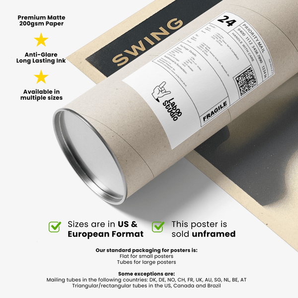 Mid-century inspired Golf Tee Shot Art Print with simplified figure, negative space sky, and curved arc line