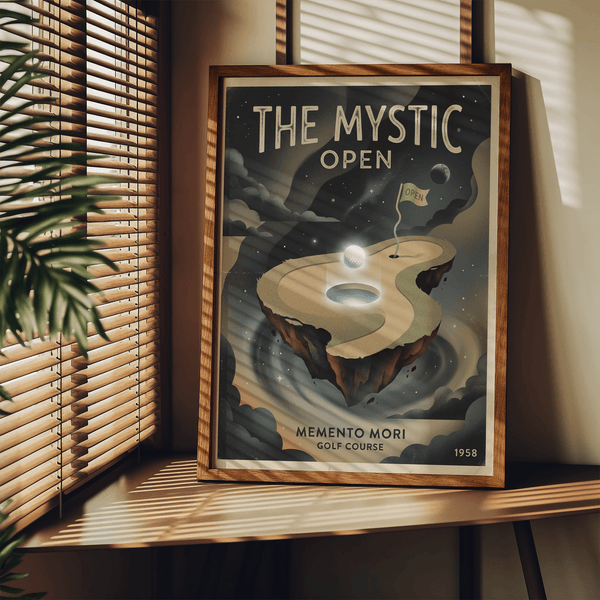 Corner view of Memento Mori Golf Course Art Print with clouds, stars, and planet-like sphere wall art