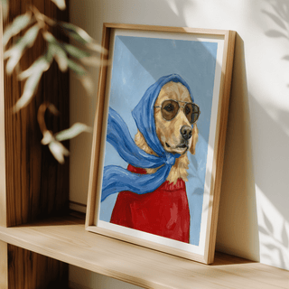Golden Retriever Art wall art print styled in Blue, Beige, Red for dining area