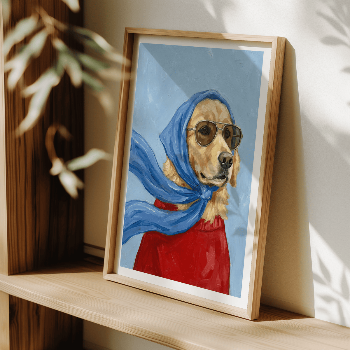 Golden Retriever Art wall art print styled in Blue, Beige, Red for dining area