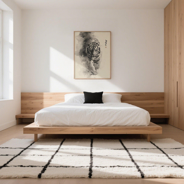 Graceful tiger in sumi-e ink painting style against misty background.