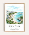 Cancun Beach Art Print showing palm-lined shoreline and resort skyline