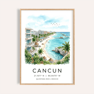 Cancun Beach Art Print showing palm-lined shoreline and resort skyline