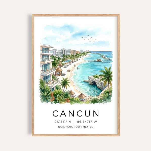 Cancun Beach Art Print showing palm-lined shoreline and resort skyline