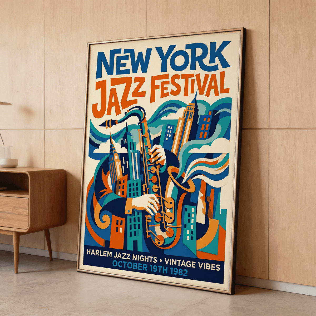 Graphic saxophonist wall art print with curved wave shapes and tall building silhouettes