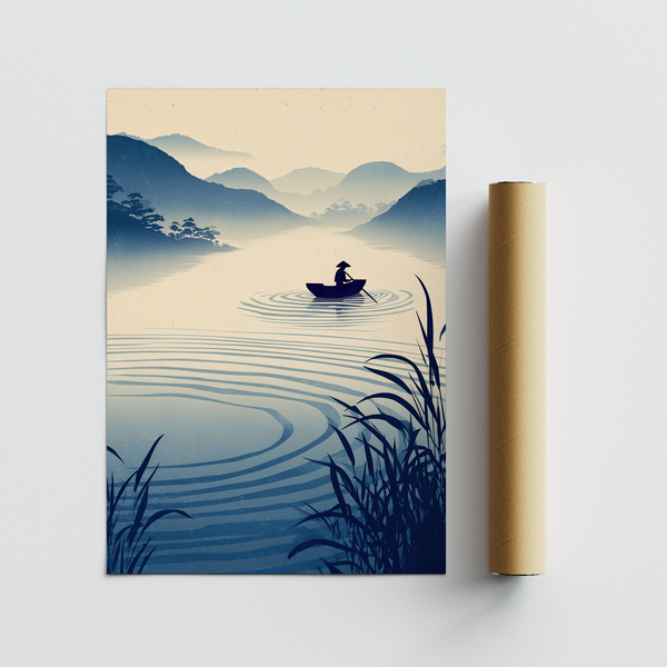 Zen River Art Print art print of calm water rings and a rowboat at center