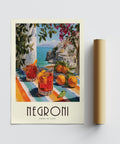 Mediterranean cocktail hour in Italian Drink Posters artwork with coastal buildings.