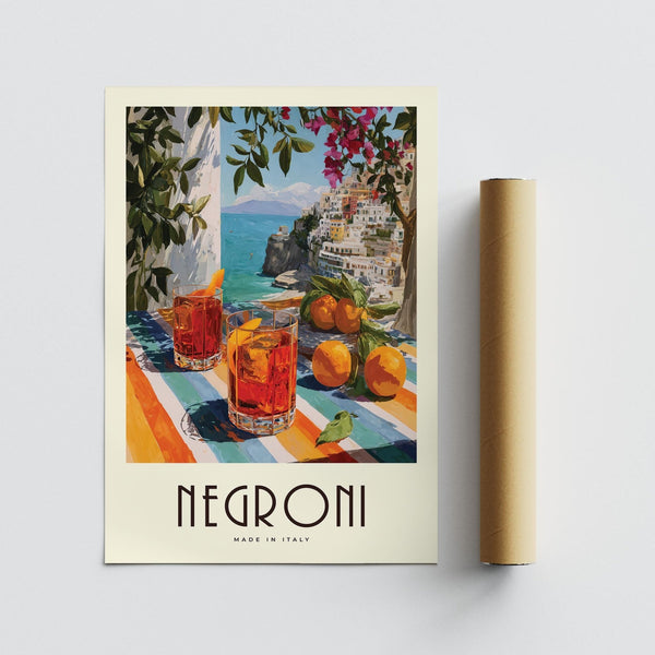 Mediterranean cocktail hour in Italian Drink Posters artwork with coastal buildings.