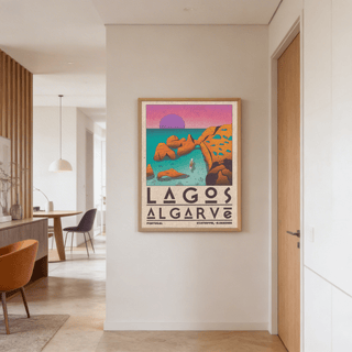 Wide view poster with rocky Algarve shoreline and small fishing boat