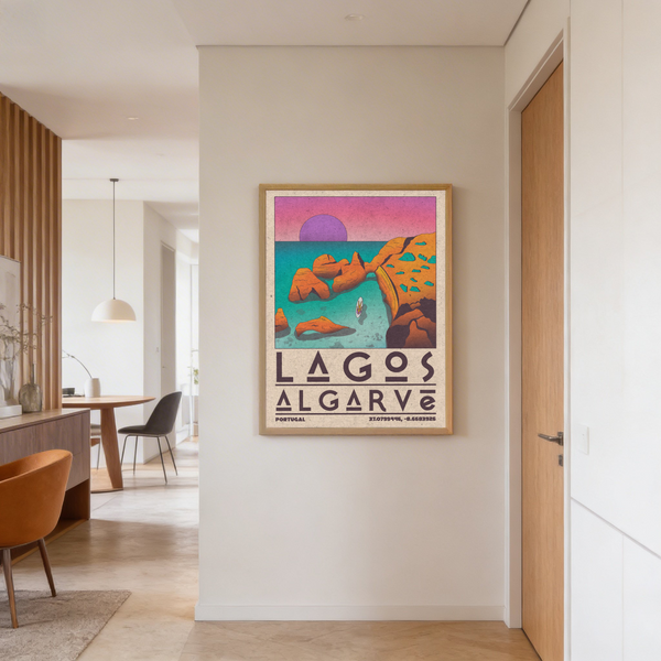 Wide view poster with rocky Algarve shoreline and small fishing boat