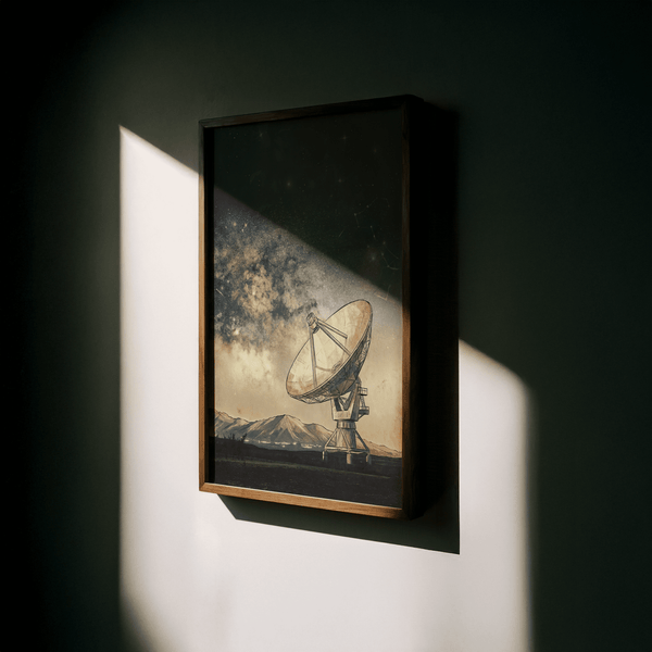 Space Satellite Art Print in Blue Beige Black designed for study room wall art poster