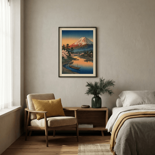 Cherry blossoms framing a lakeside village at sunset