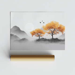 Peaceful Autumn Tree Wall Art in orange and black for entryway