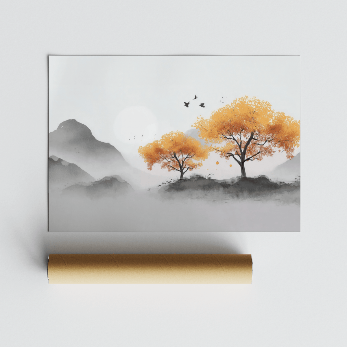 Peaceful Autumn Tree Wall Art in orange and black for entryway
