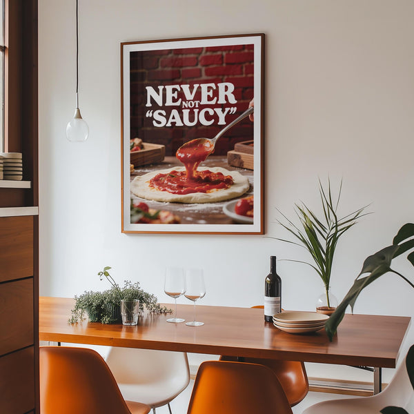 Pizza wall art print with vibrant tomato sauce and wooden kitchen accents.