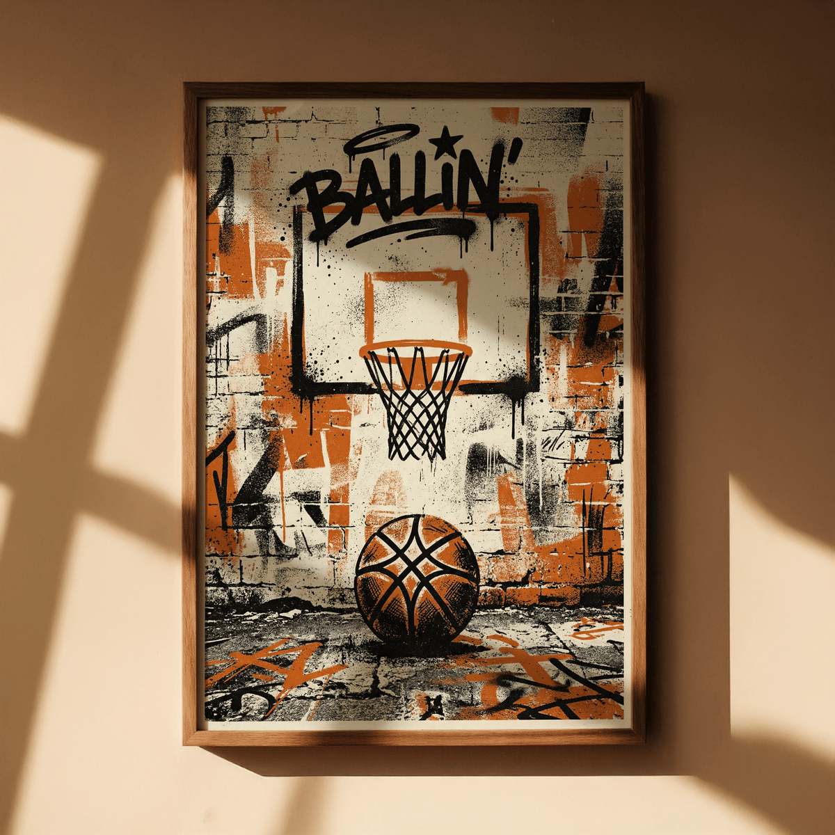 Graffiti sports wall art featuring orange ball under a tattered metal backboard