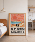 Wide view wall art poster of Tenerife shoreline scene with radiating sun, bay water, and sandy foreground