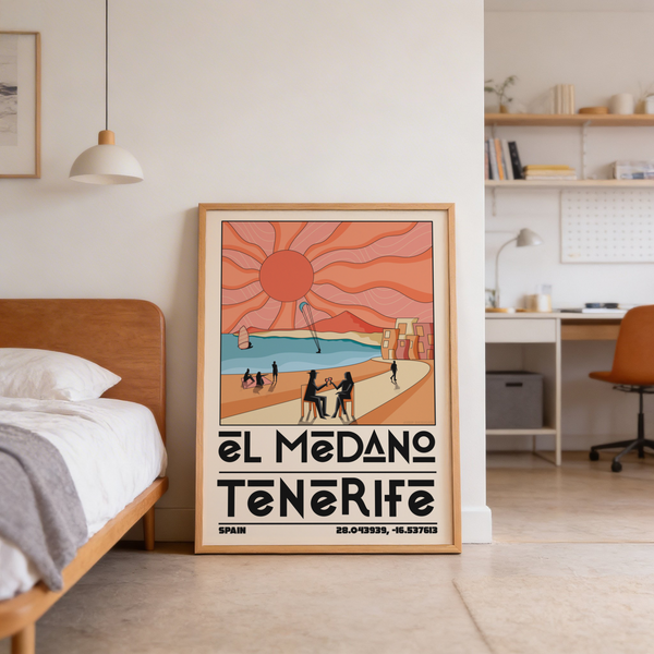 Wide view wall art poster of Tenerife shoreline scene with radiating sun, bay water, and sandy foreground