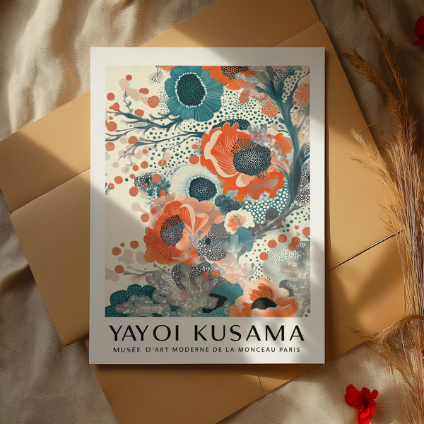 Teal and orange wall art print for living rooms with floral abstraction