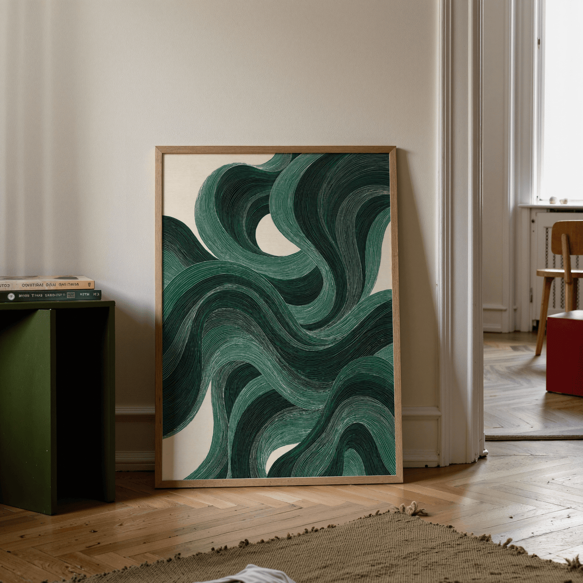 Contemporary Modern Swirl Poster featuring green hues for hallway walls