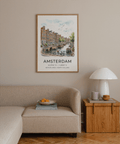 Scenic canal wall art print featuring boats, bikes, and birds overhead