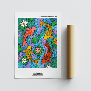 Detailed Koi Fish Wall Art print with central winding stream and repeating circular motifs