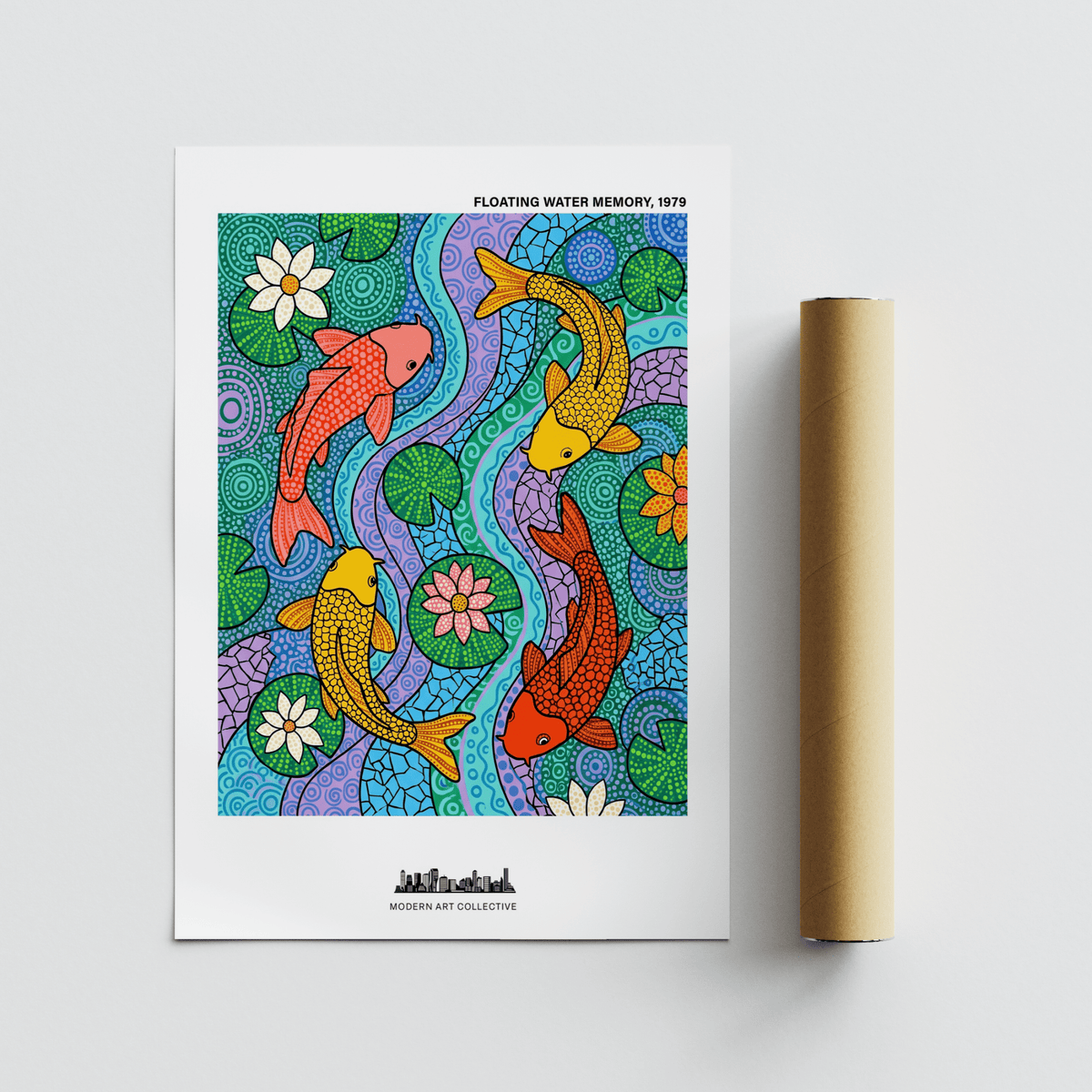 Detailed Koi Fish Wall Art print with central winding stream and repeating circular motifs
