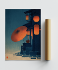 Japanese Night Scene Wall Art poster with lanterns on wooden storefront