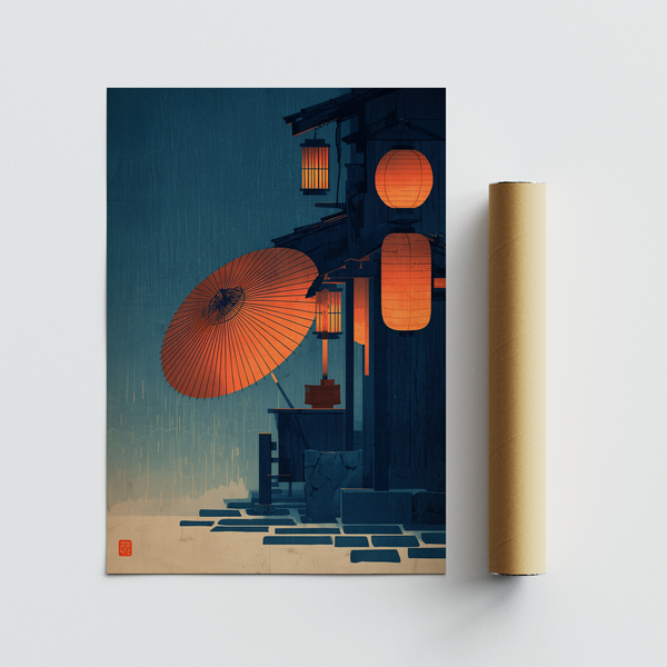 Japanese Night Scene Wall Art poster with lanterns on wooden storefront