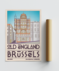 Full mockup Brussels Architecture Print in Blue, Orange, Beige with facade illustration and bold type