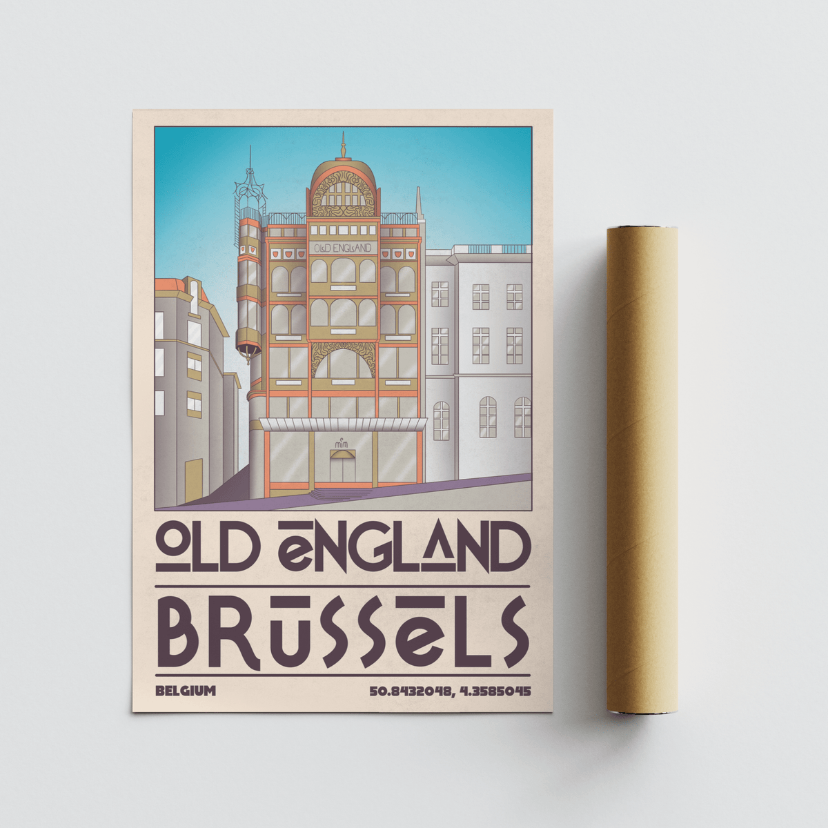 Full mockup Brussels Architecture Print in Blue, Orange, Beige with facade illustration and bold type