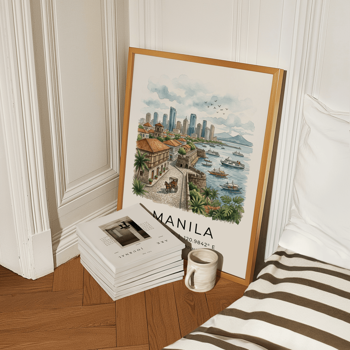 Detailed Manila City Art Print with modern high-rises and boats on the bay