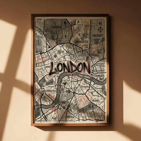 Illustrated London street map wall poster featuring Camden, Shoreditch, Soho, and Hackney