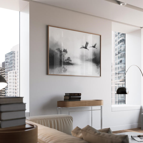 Black and white landscape with cranes soaring, Japanese cranes flying art print.