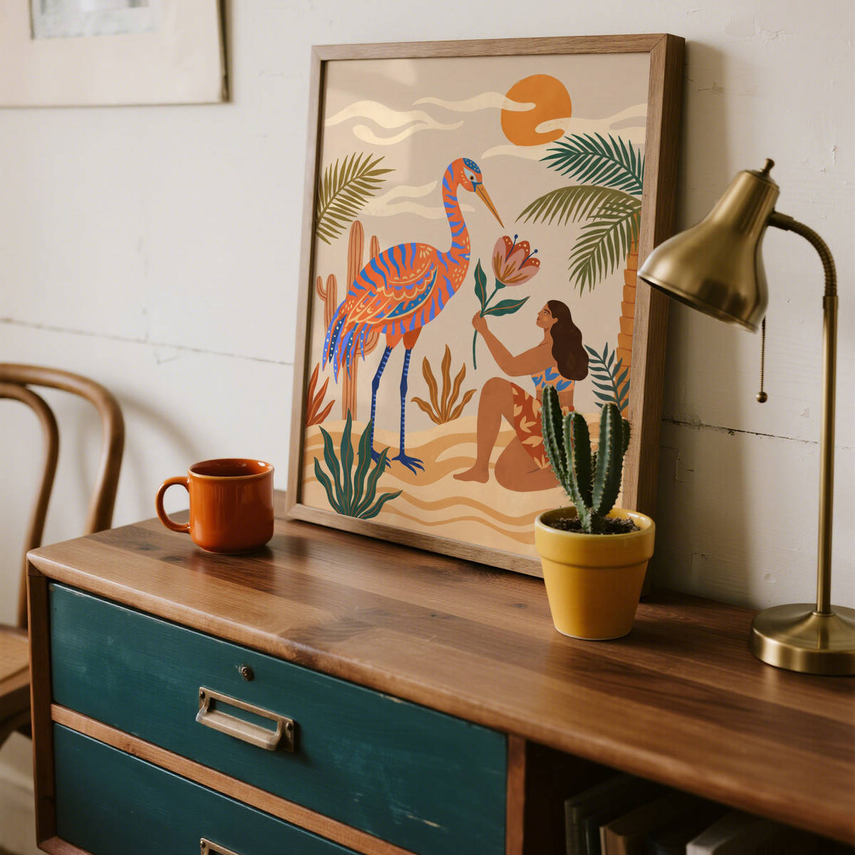 Illustrated Tropical Bird Artwork print showing patterned bird, sun, and layered clouds