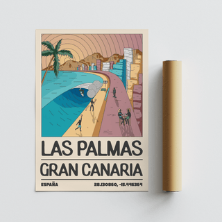 Gran Canaria destination artwork with palm-fringed promenade