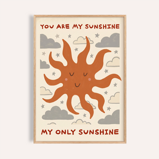 Playful sunshine quote wall art poster with smiling sun, clouds, and stars