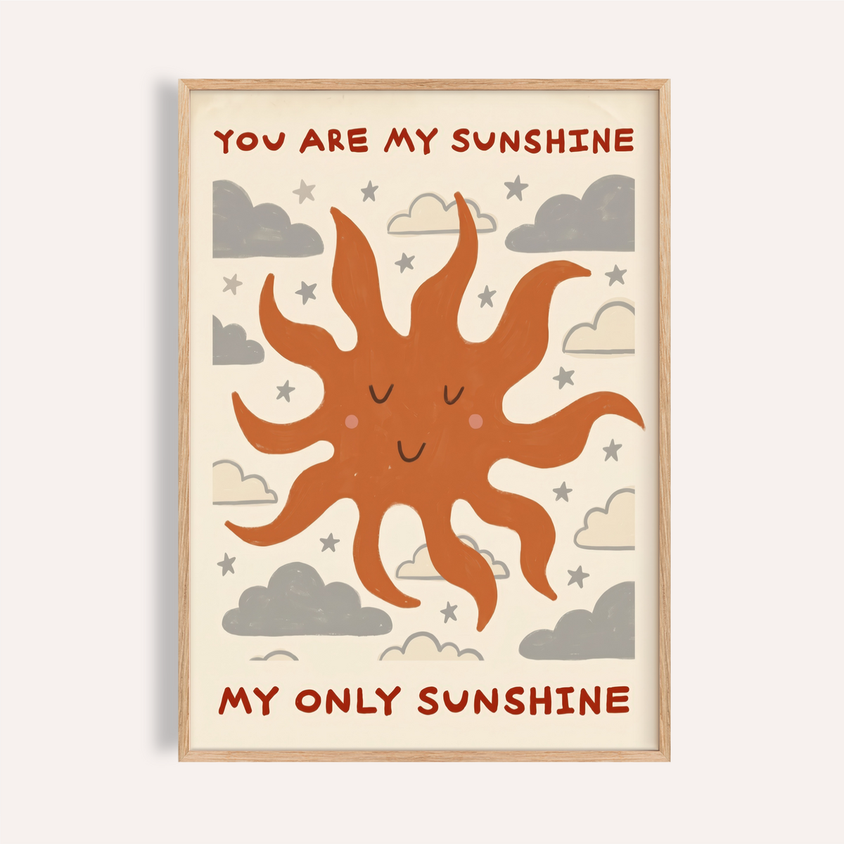 Playful sunshine quote wall art poster with smiling sun, clouds, and stars