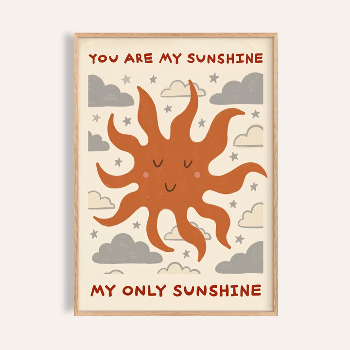 Playful sunshine quote wall art poster with smiling sun, clouds, and stars